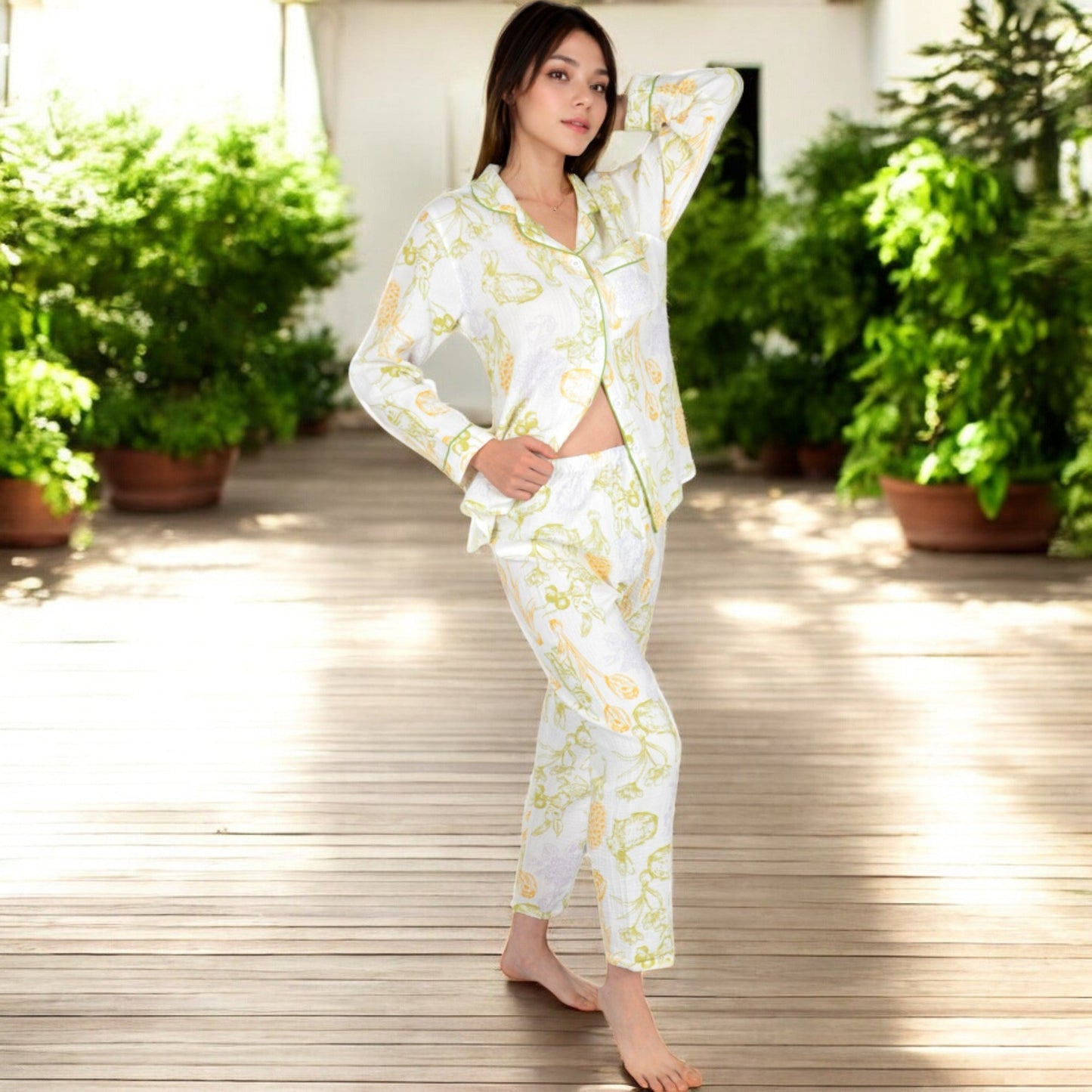 Printed Gauze Pajama Set with Button-Up Shirt and Relaxed Fit Pants