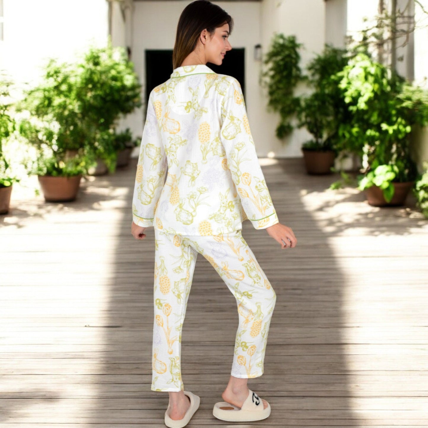 Printed Gauze Pajama Set with Button-Up Shirt and Relaxed Fit Pants