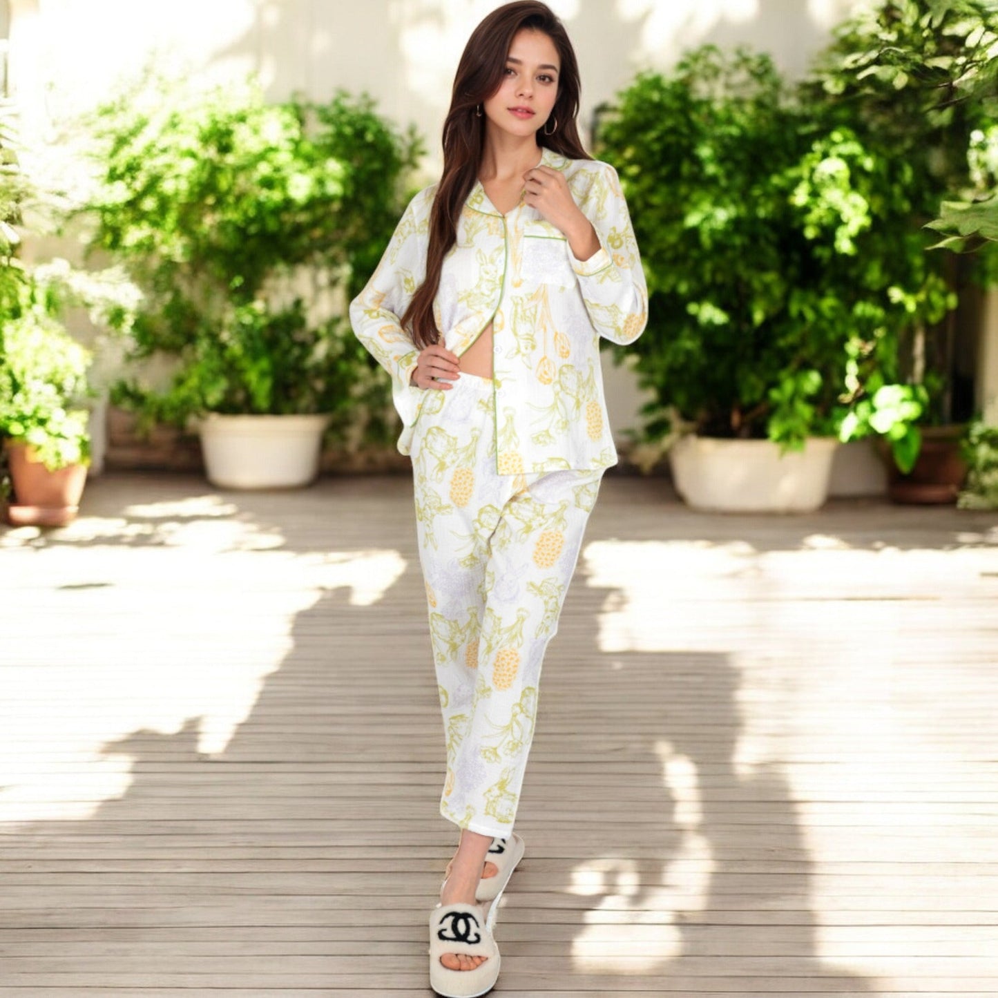 Printed Gauze Pajama Set with Button-Up Shirt and Relaxed Fit Pants