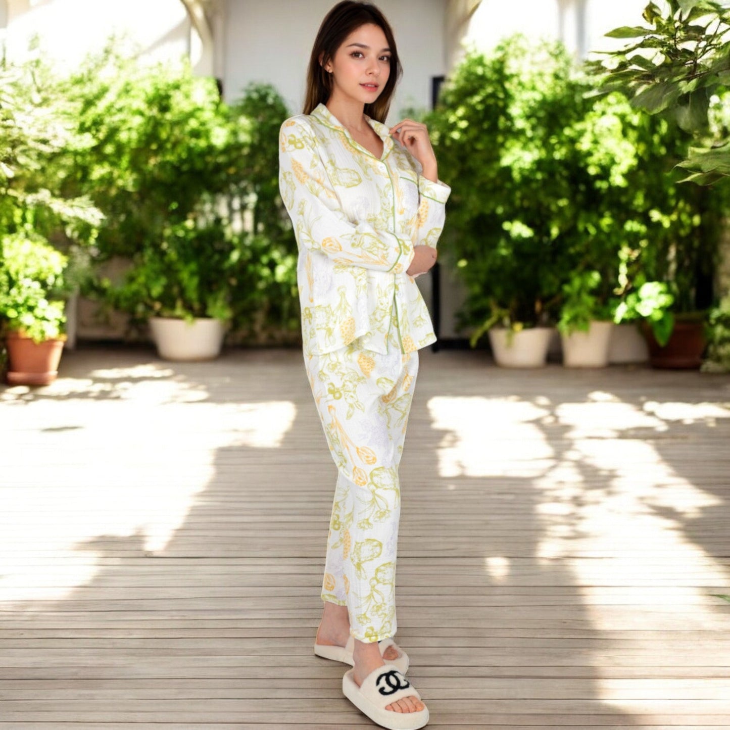 Printed Gauze Pajama Set with Button-Up Shirt and Relaxed Fit Pants