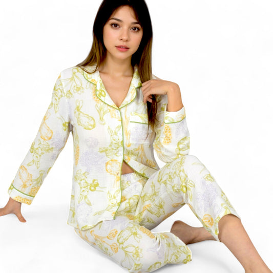 Printed Gauze Pajama Set with Button-Up Shirt and Relaxed Fit Pants