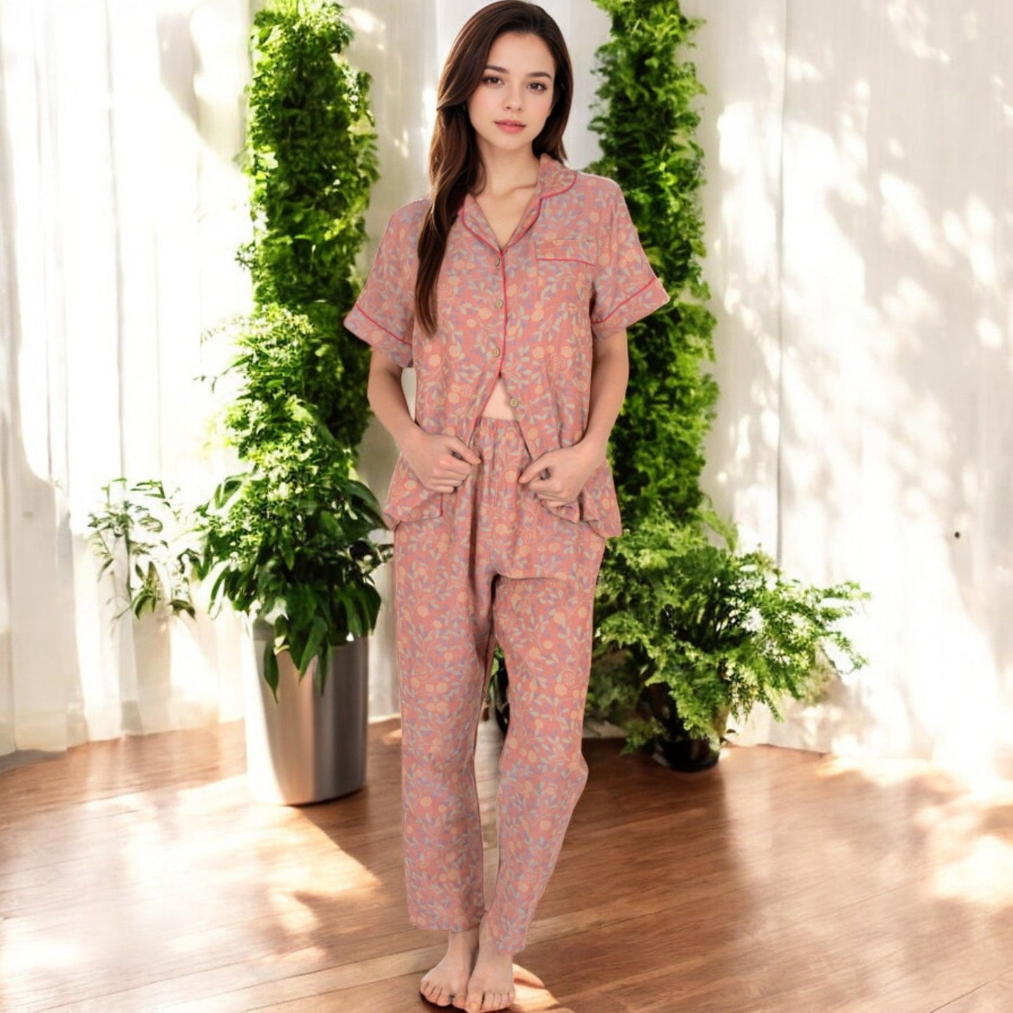 Floral Print Short Sleeve Pajama Set with Button-Up Top and Piping Details