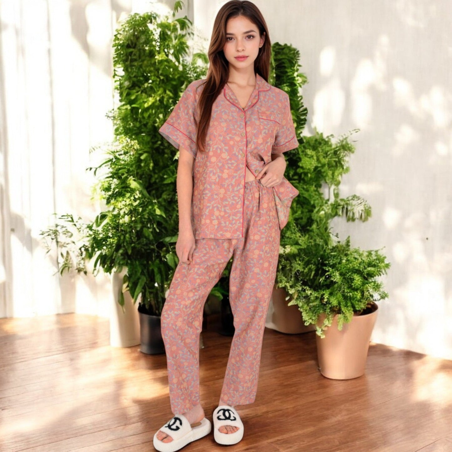 Floral Print Short Sleeve Pajama Set with Button-Up Top and Piping Details