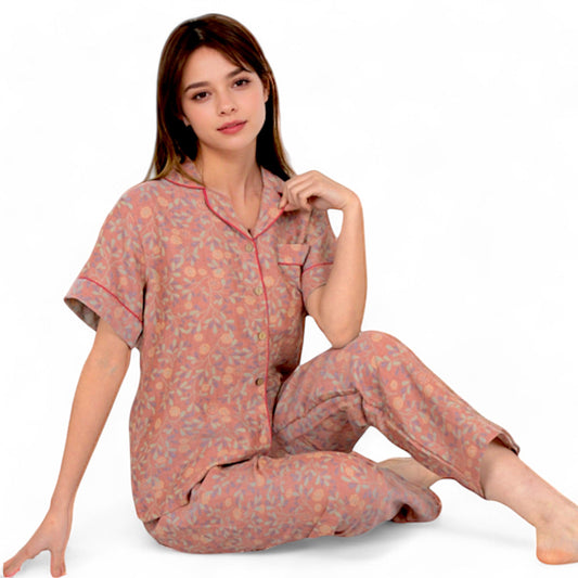 Floral Print Short Sleeve Pajama Set with Button-Up Top and Piping Details