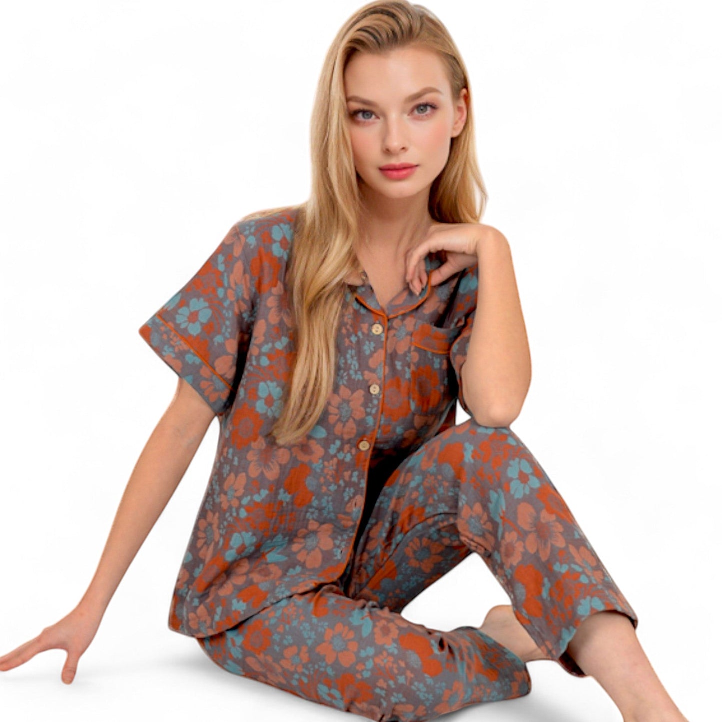 Floral Print Short Sleeve Pajama Set with Button-Up Top and Piping Details