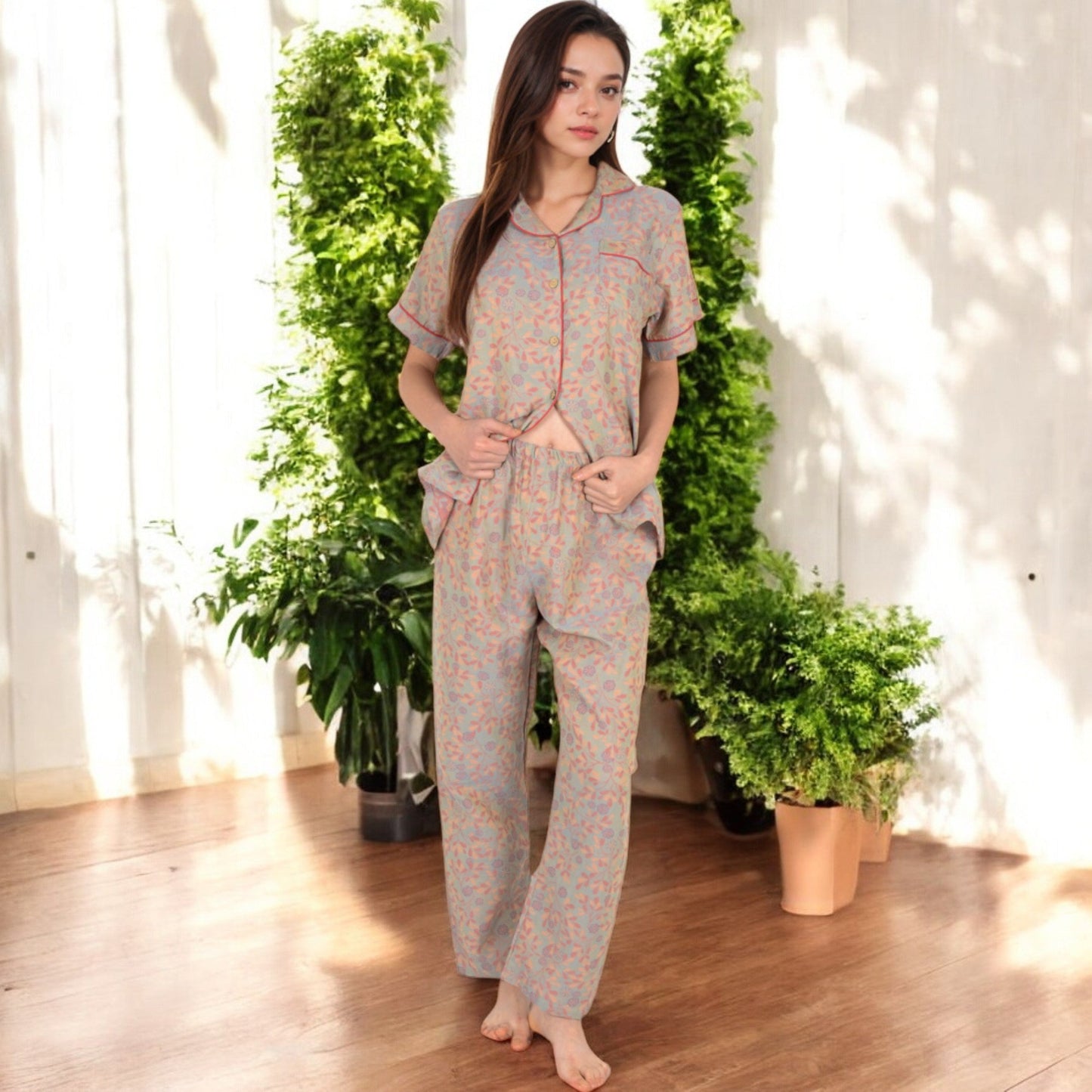 Floral Print Short Sleeve Pajama Set with Button-Up Top and Piping Details