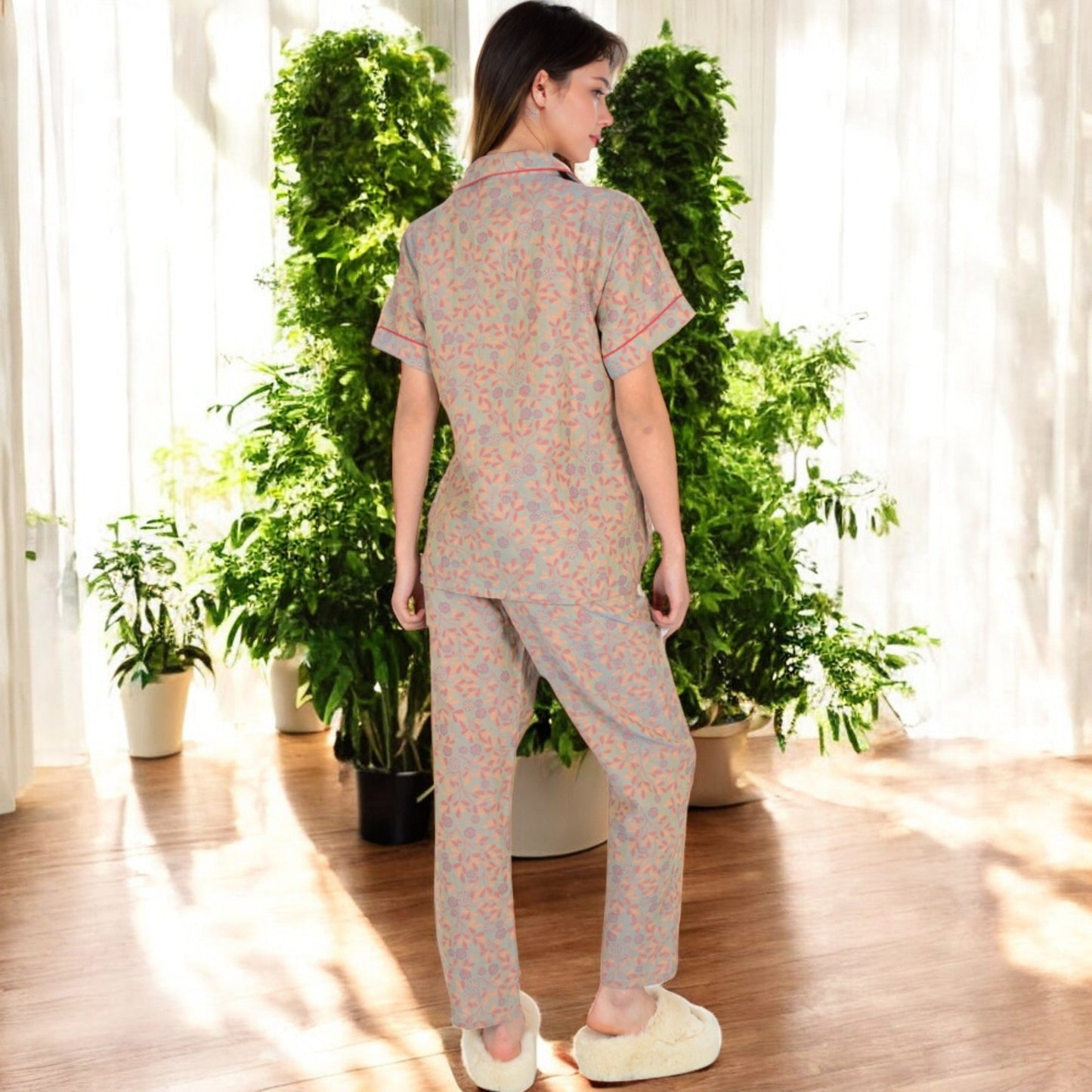 Floral Print Short Sleeve Pajama Set with Button-Up Top and Piping Details
