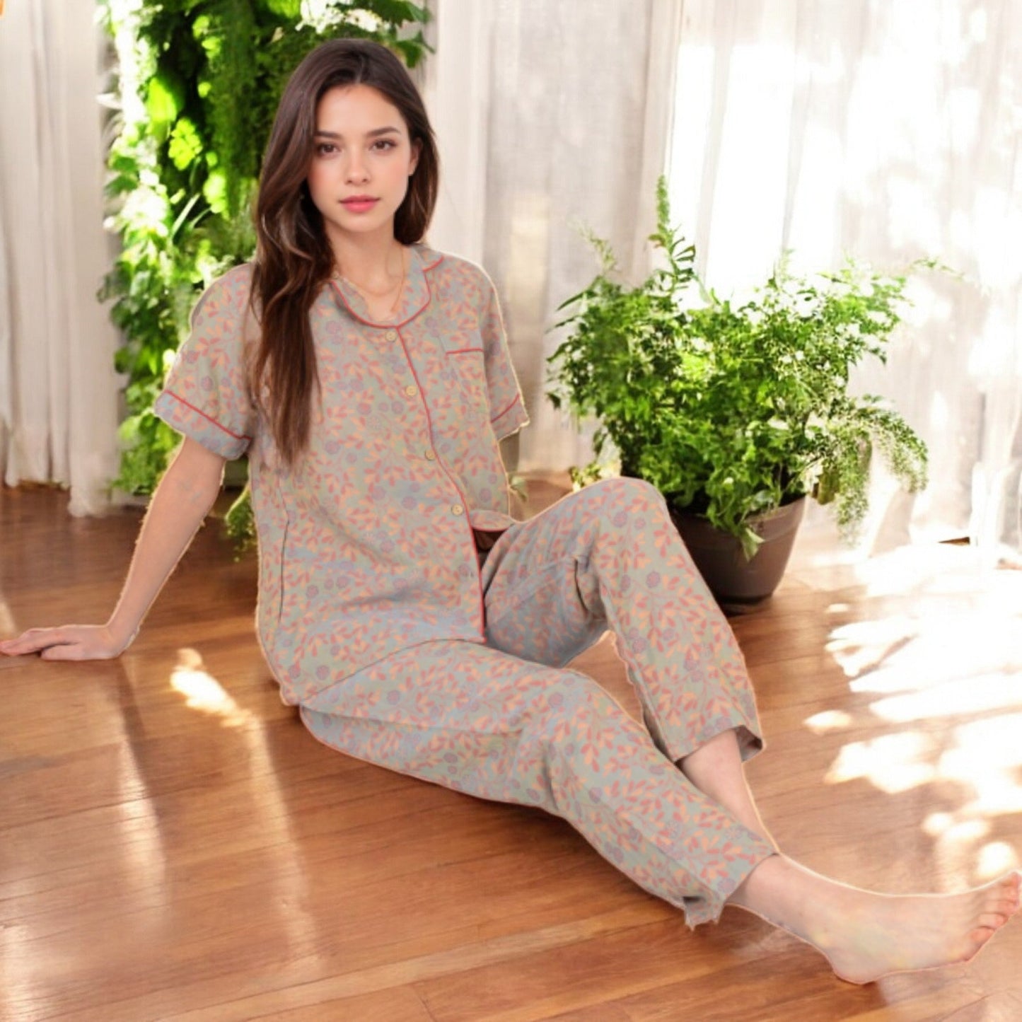 Floral Print Short Sleeve Pajama Set with Button-Up Top and Piping Details