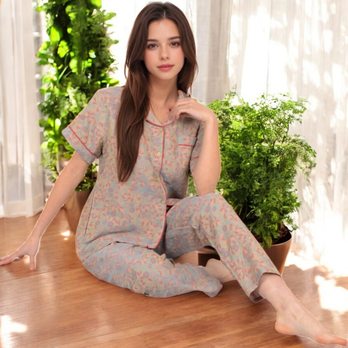 Floral Print Short Sleeve Pajama Set with Button-Up Top and Piping Details