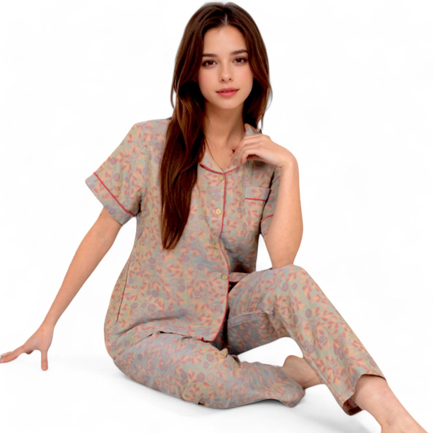 Floral Print Short Sleeve Pajama Set with Button-Up Top and Piping Details
