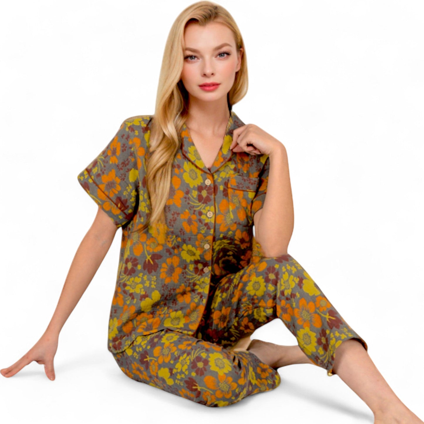Floral Print Short Sleeve Pajama Set with Button-Up Top and Piping Details