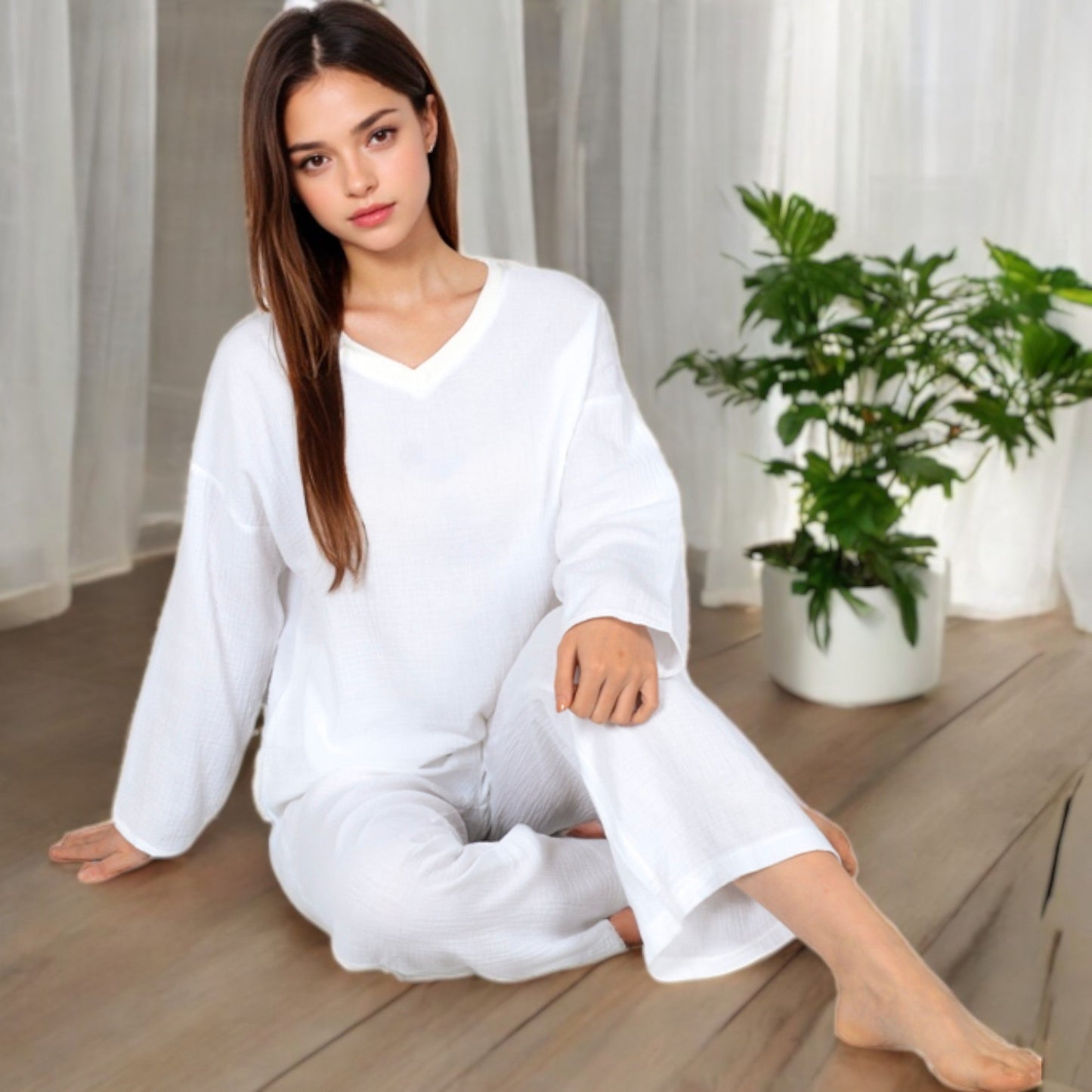 V-Neck Top and Wide-Leg Pant Set in Soft Waffle Knit
