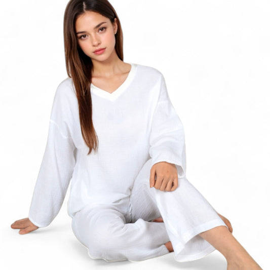 V-Neck Top and Wide-Leg Pant Set in Soft Waffle Knit