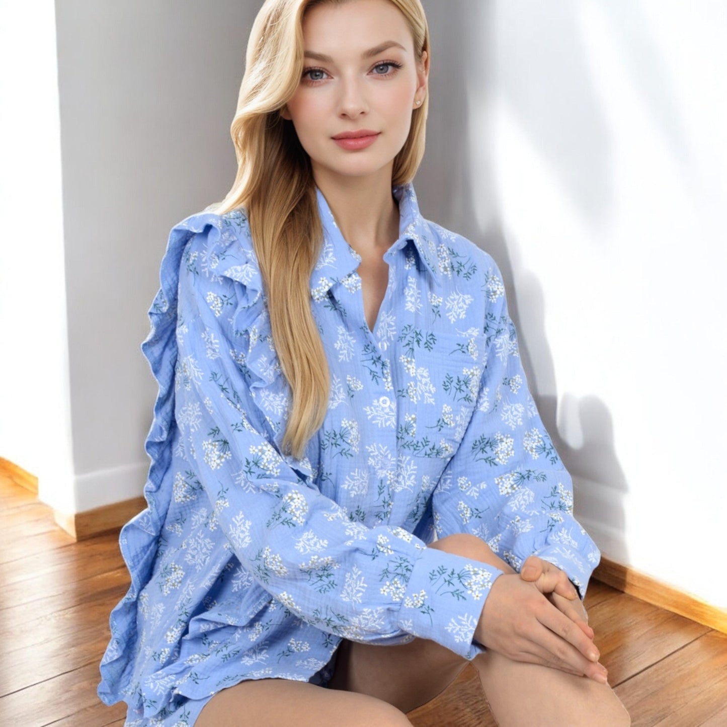 Floral Ruffled Button-Down Shirt and Shorts Set