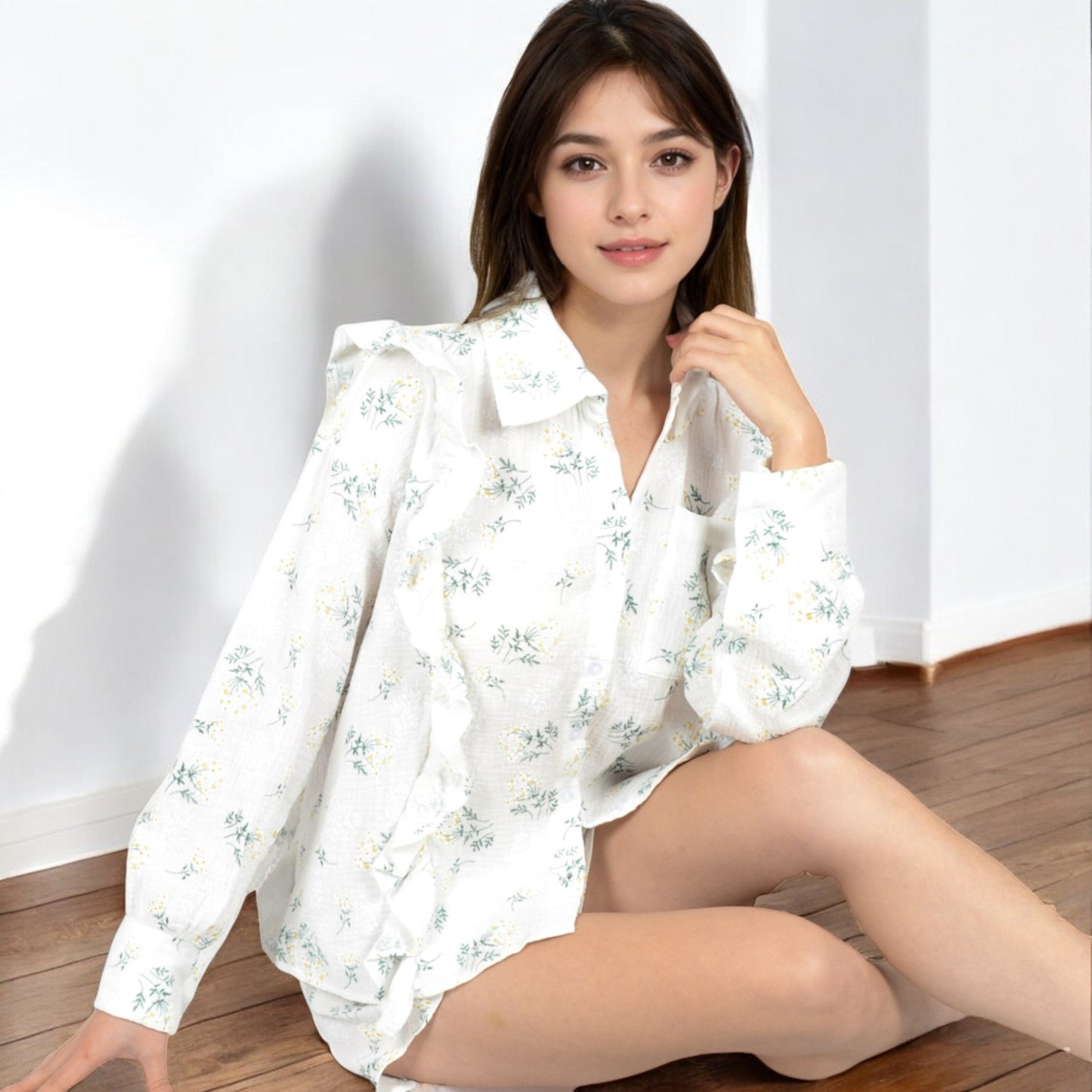 Floral Ruffled Button-Down Shirt and Shorts Set