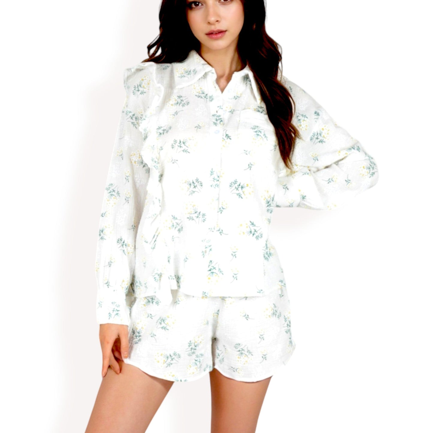 Floral Ruffled Button-Down Shirt and Shorts Set