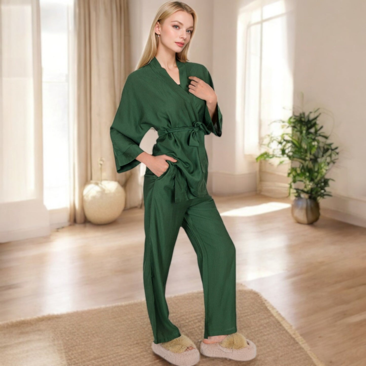 Wrap Top and Wide-Leg Pants Set with Tie Waist