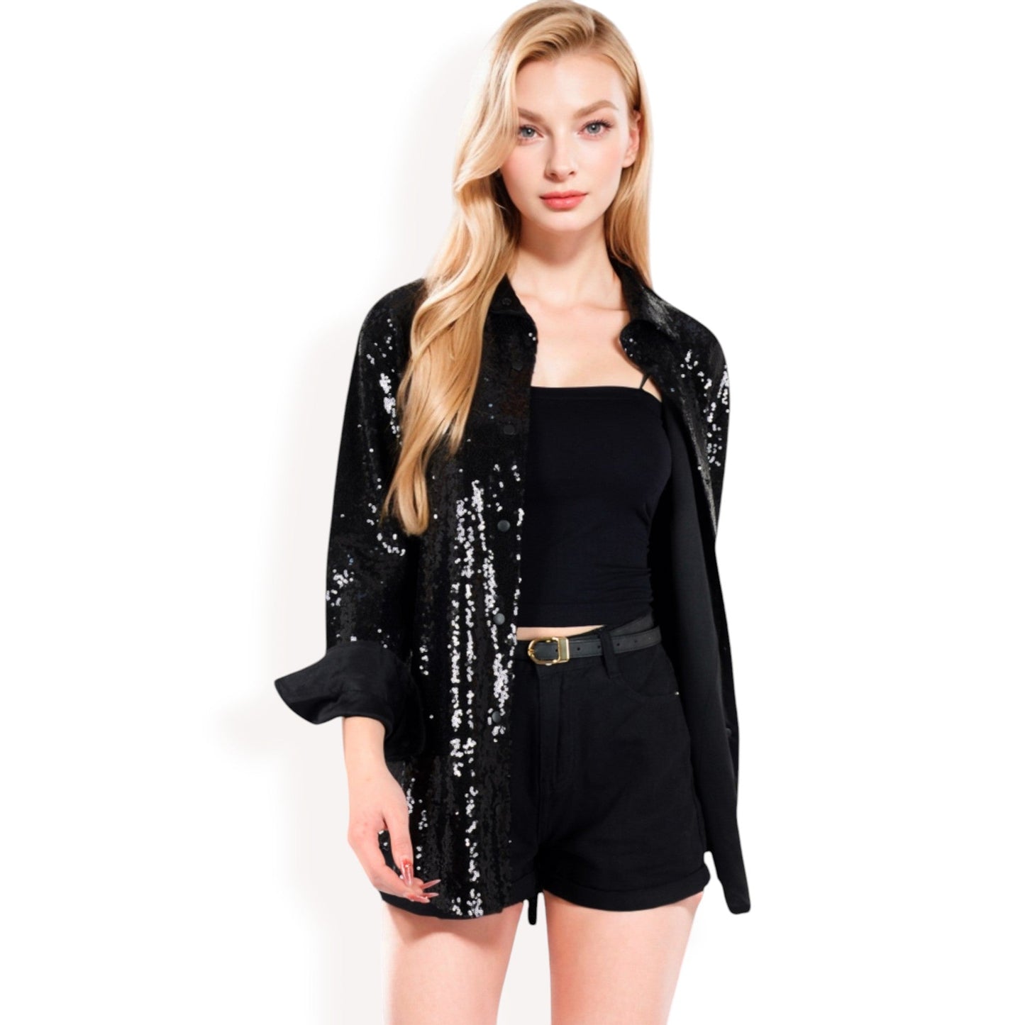 Sequin Button-Down Shirt Dress with Long Sleeves