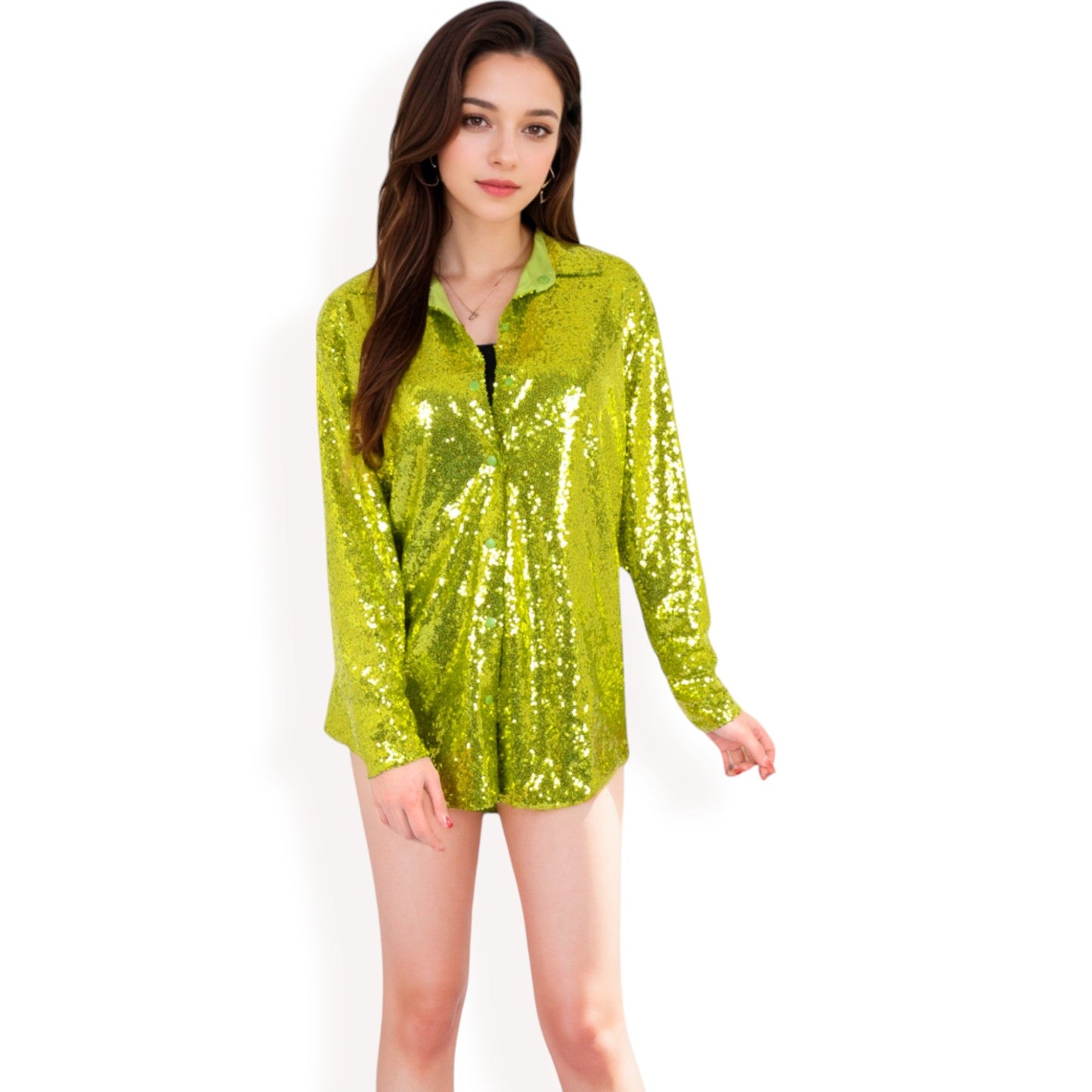 Sequin Button-Down Shirt Dress with Long Sleeves