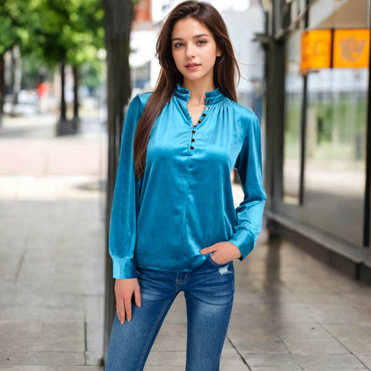 Velvet Long Sleeve Blouse with Ruffled Collar and Button Detail
