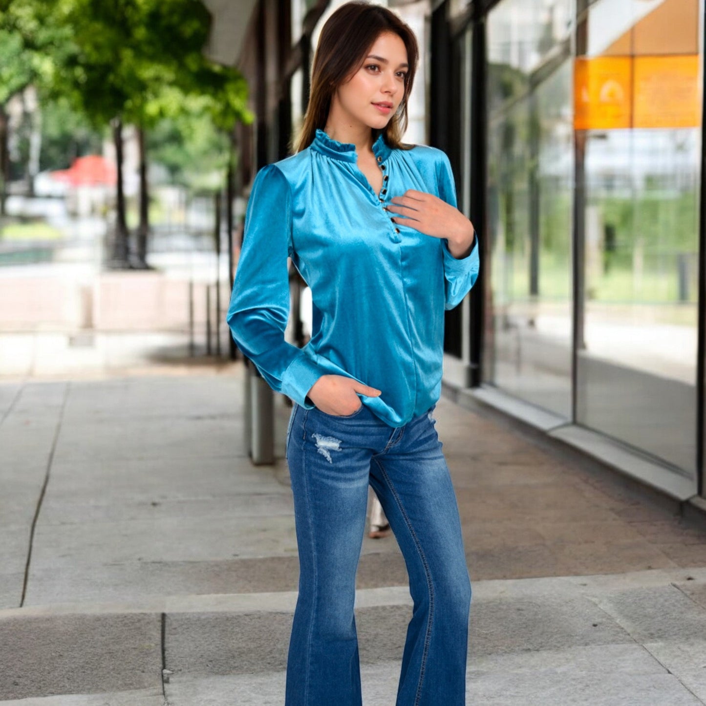 Velvet Long Sleeve Blouse with Ruffled Collar and Button Detail