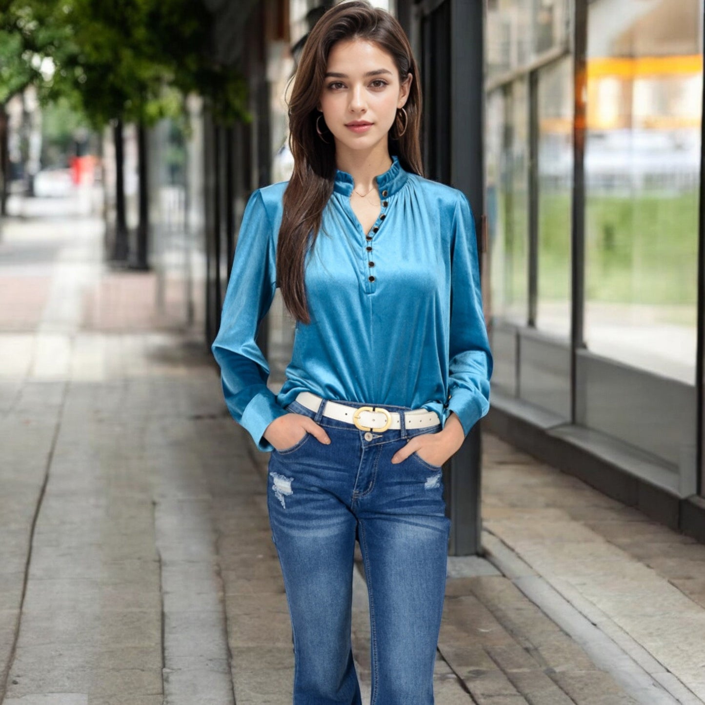 Velvet Long Sleeve Blouse with Ruffled Collar and Button Detail