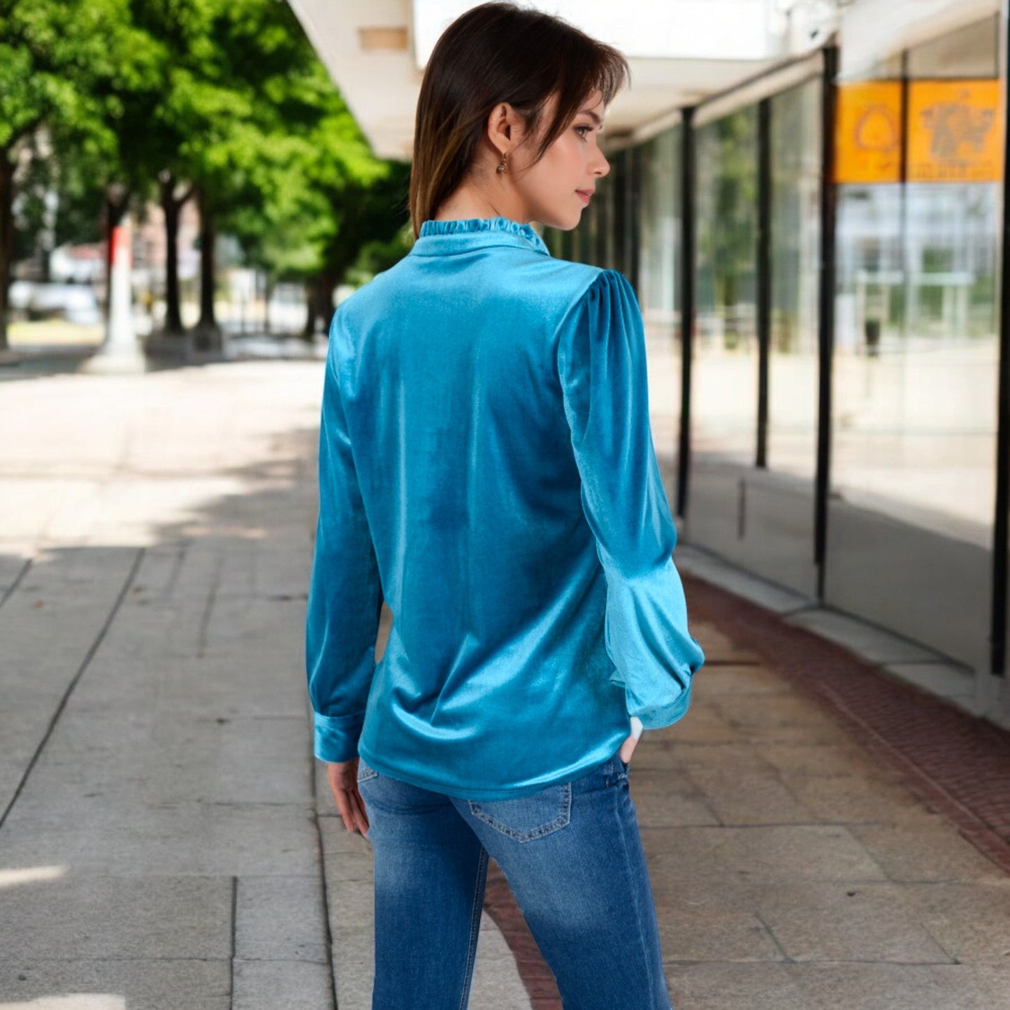 Velvet Long Sleeve Blouse with Ruffled Collar and Button Detail
