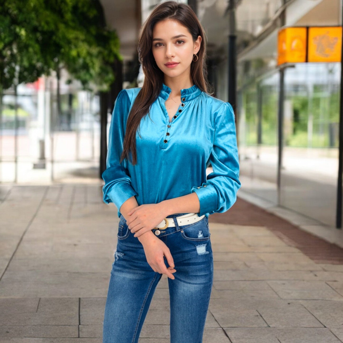 Velvet Long Sleeve Blouse with Ruffled Collar and Button Detail