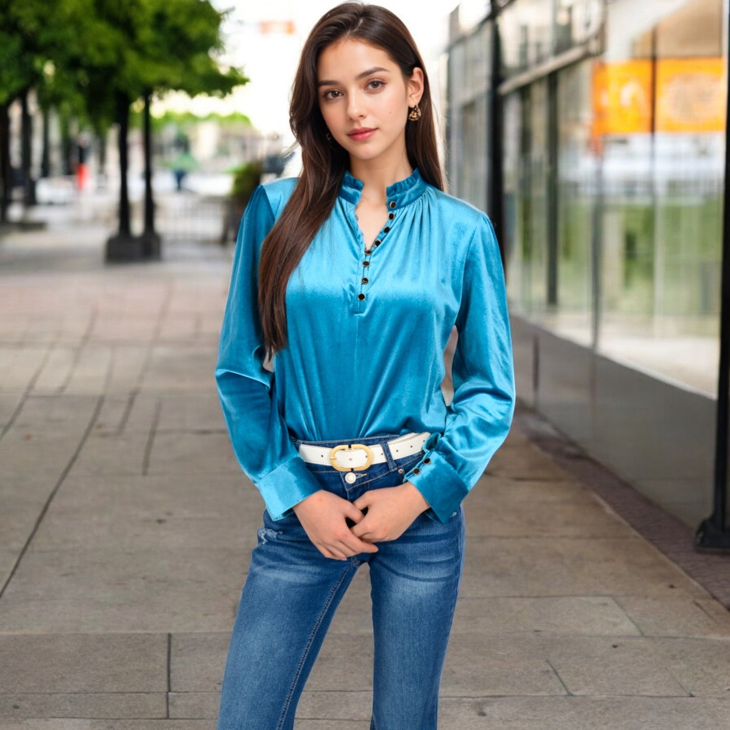 Velvet Long Sleeve Blouse with Ruffled Collar and Button Detail