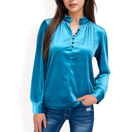 Velvet Long Sleeve Blouse with Ruffled Collar and Button Detail