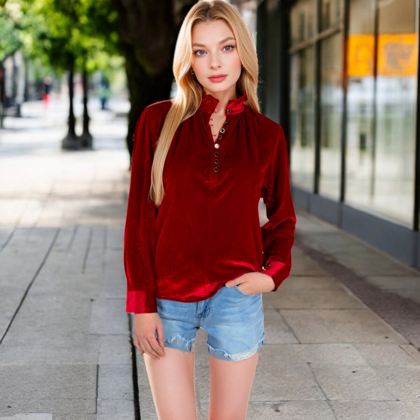Velvet Long Sleeve Blouse with Ruffled Collar and Button Detail