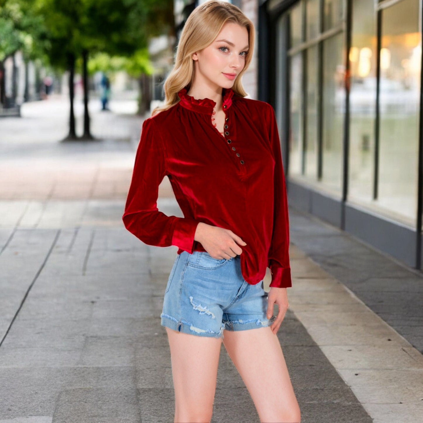 Velvet Long Sleeve Blouse with Ruffled Collar and Button Detail