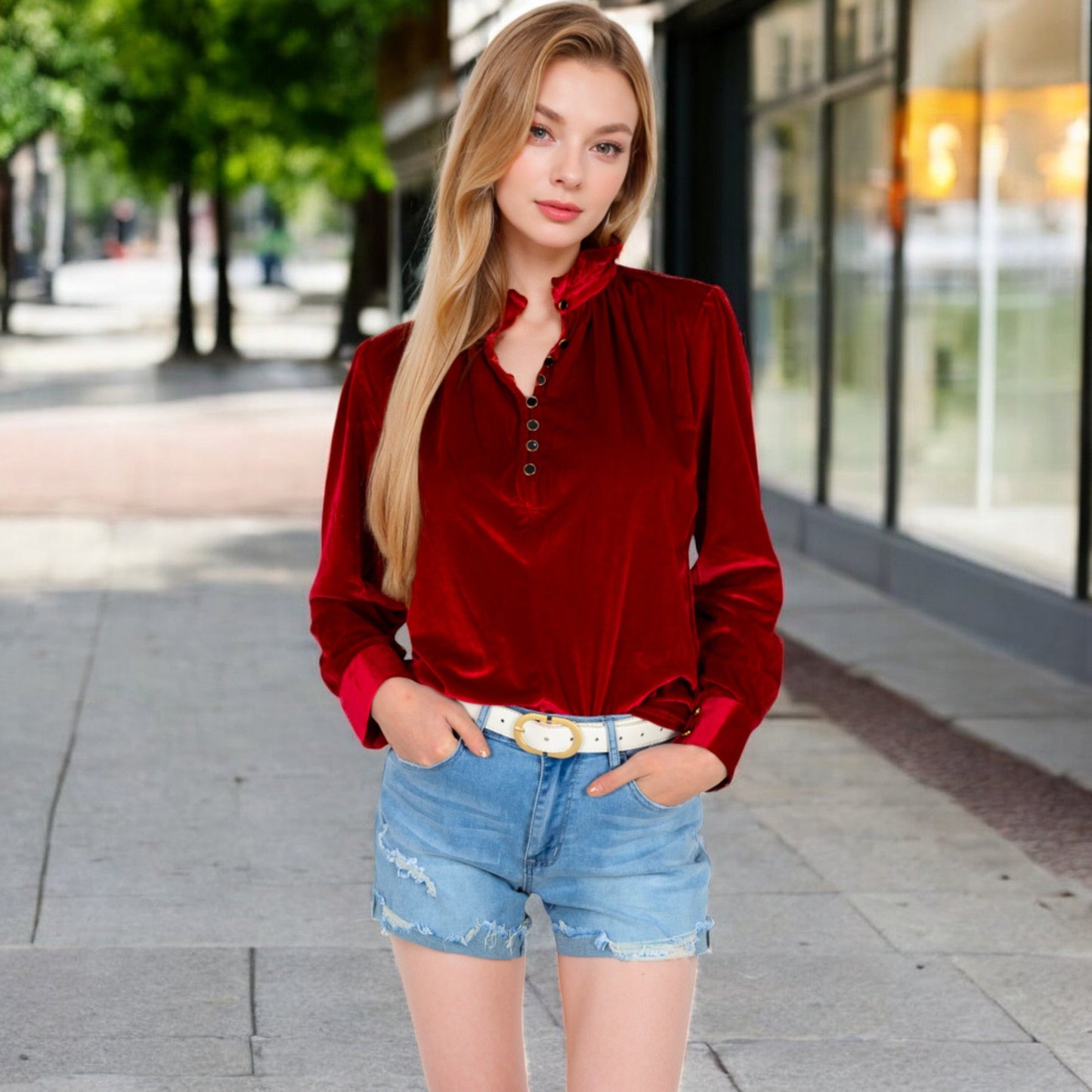 Velvet Long Sleeve Blouse with Ruffled Collar and Button Detail