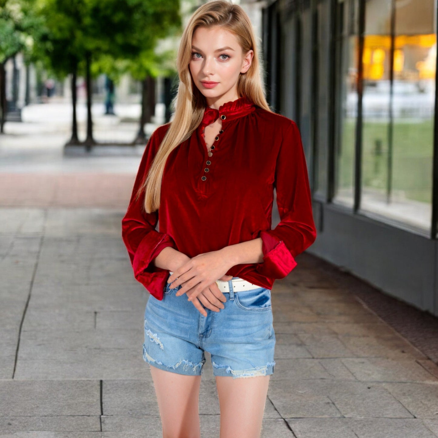 Velvet Long Sleeve Blouse with Ruffled Collar and Button Detail