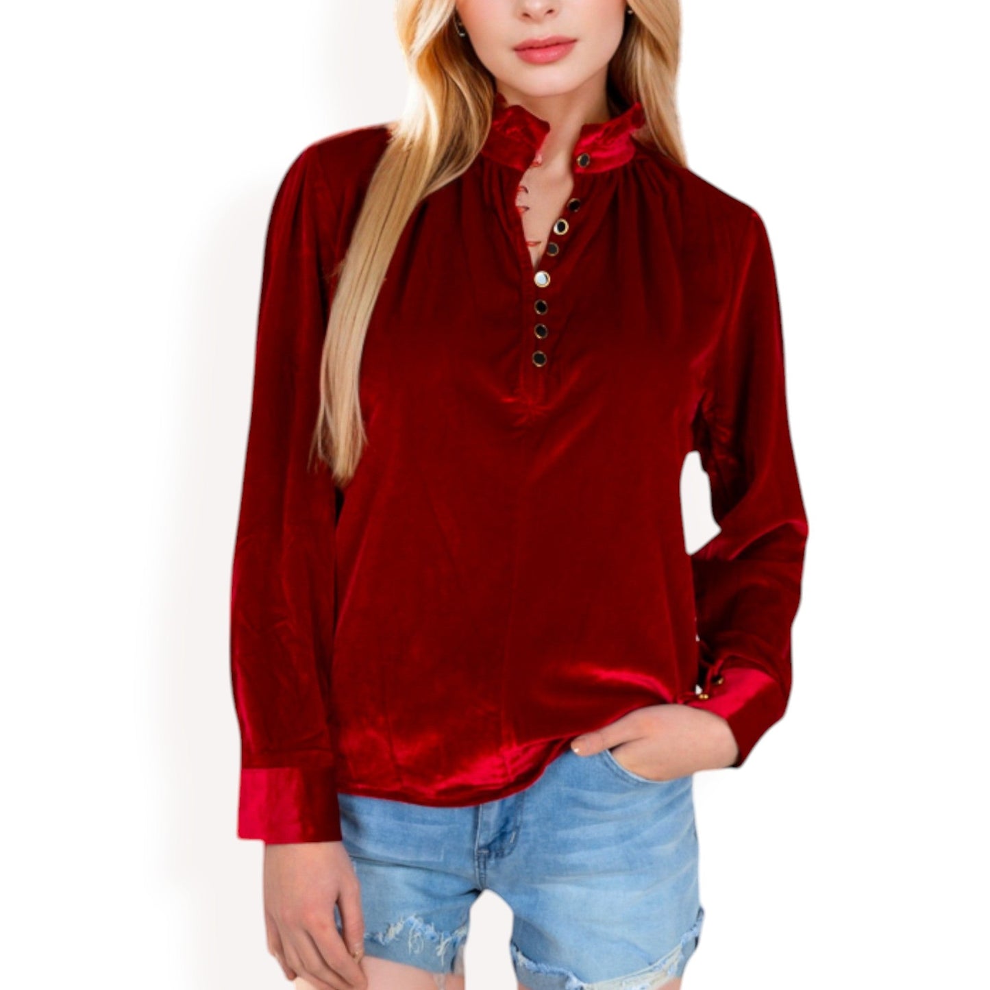 Velvet Long Sleeve Blouse with Ruffled Collar and Button Detail