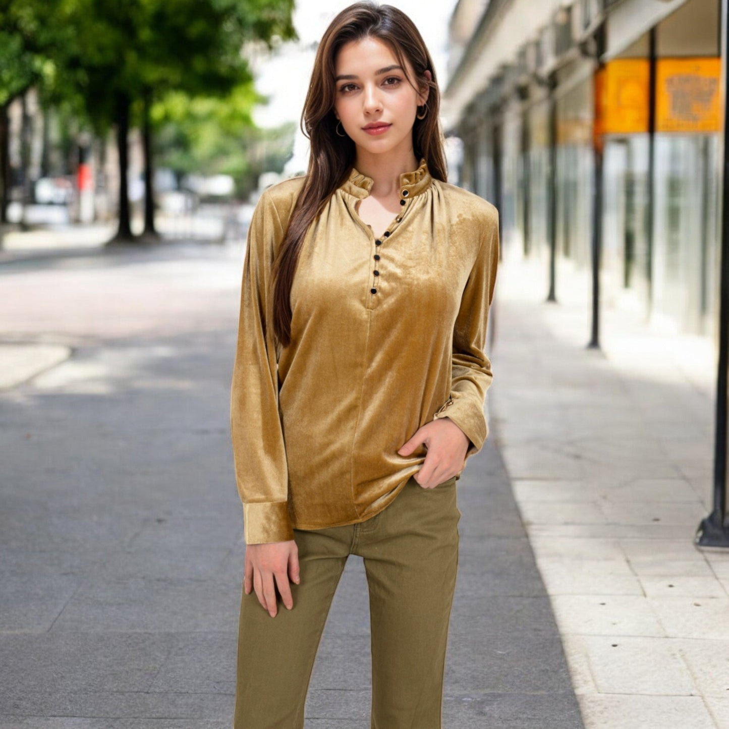 Velvet Long Sleeve Blouse with Ruffled Collar and Button Detail