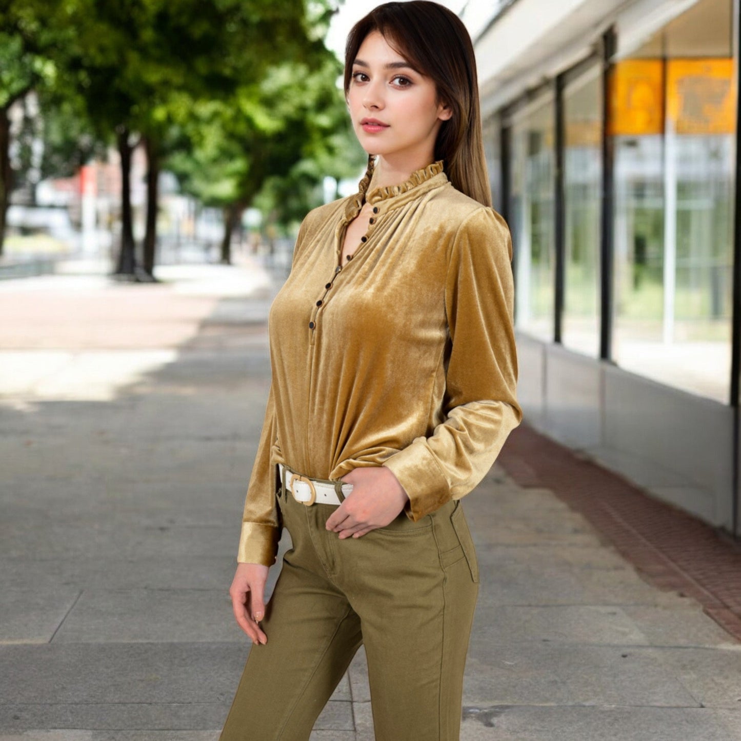 Velvet Long Sleeve Blouse with Ruffled Collar and Button Detail