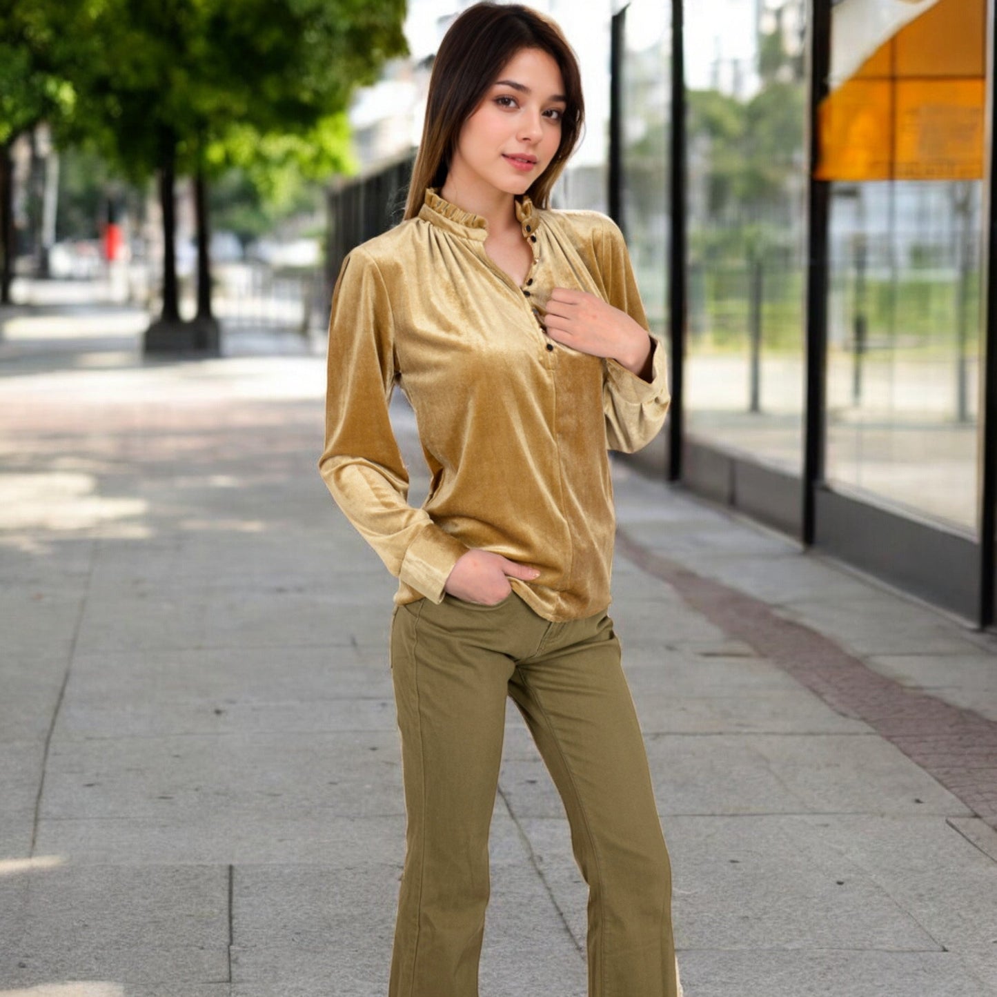 Velvet Long Sleeve Blouse with Ruffled Collar and Button Detail