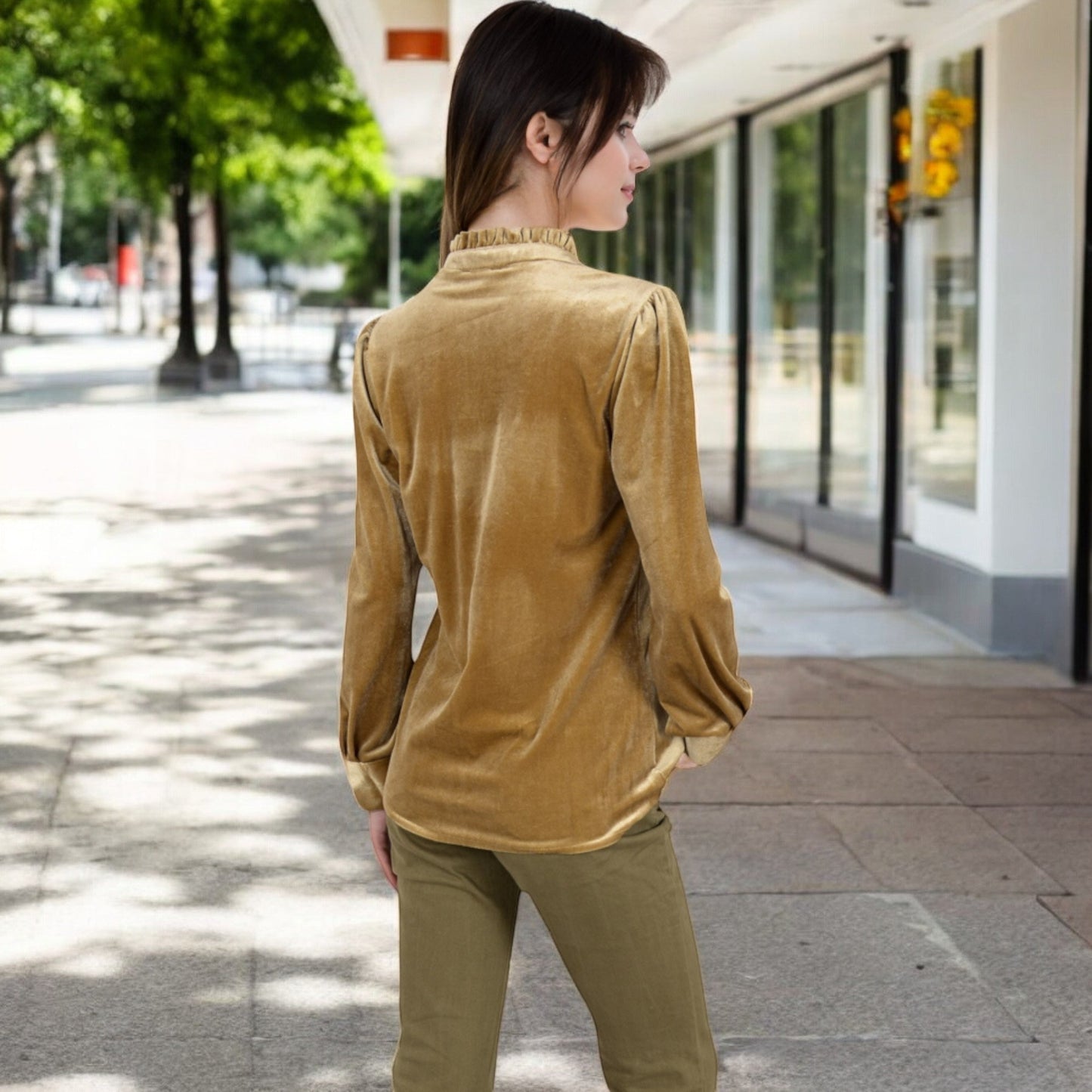 Velvet Long Sleeve Blouse with Ruffled Collar and Button Detail