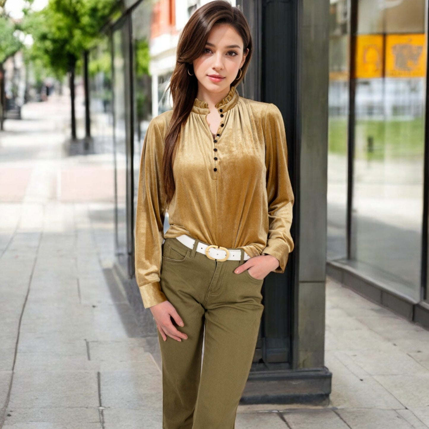 Velvet Long Sleeve Blouse with Ruffled Collar and Button Detail