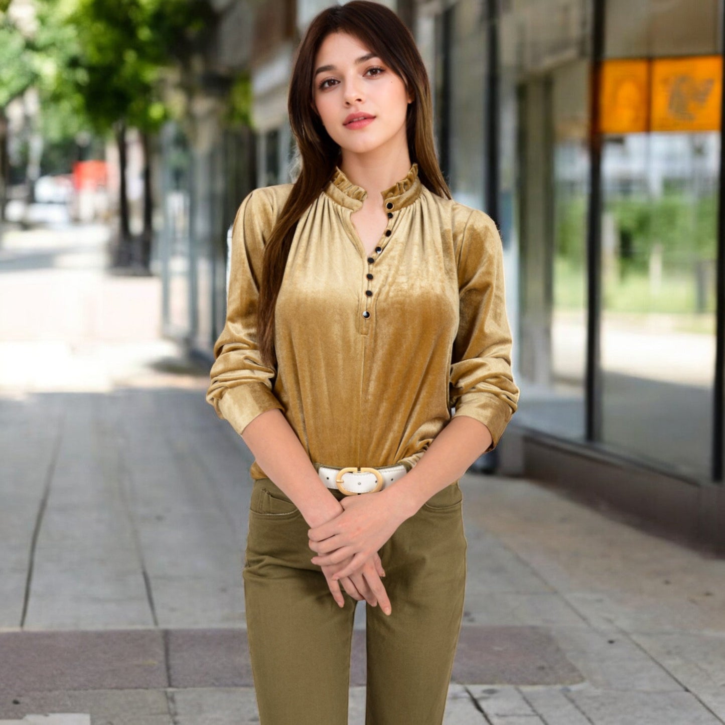 Velvet Long Sleeve Blouse with Ruffled Collar and Button Detail
