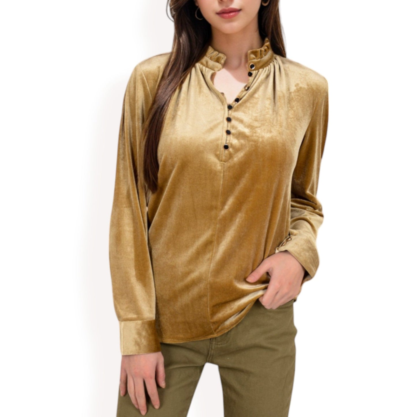Velvet Long Sleeve Blouse with Ruffled Collar and Button Detail