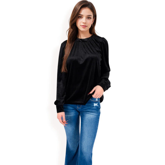Velvet Long Sleeve Top with Puff Shoulders