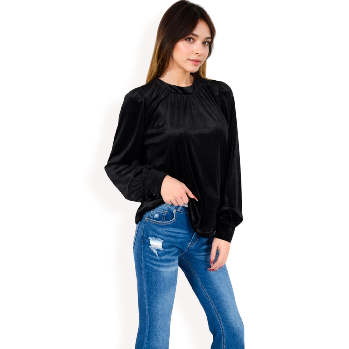 Velvet Long Sleeve Top with Puff Shoulders