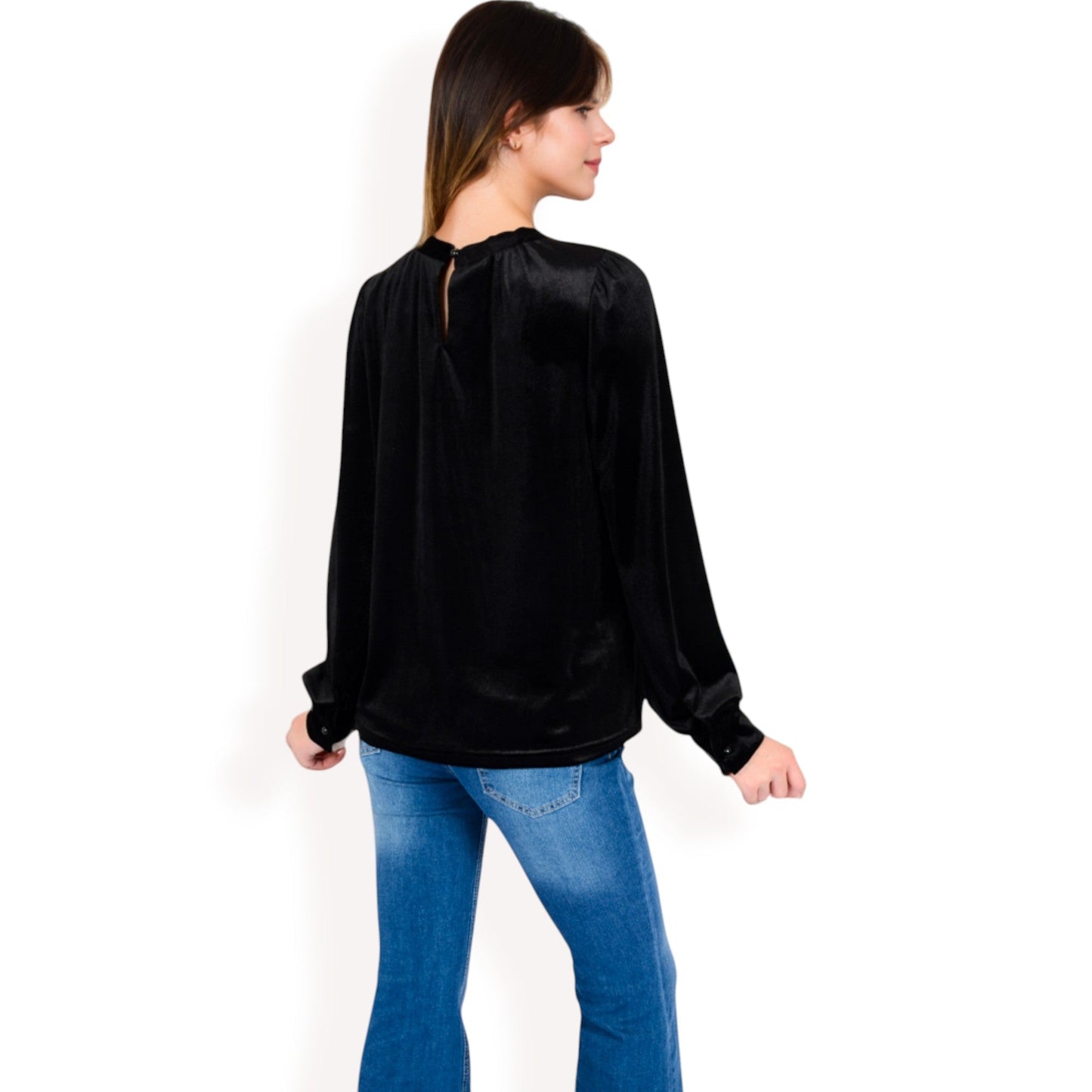 Velvet Long Sleeve Top with Puff Shoulders