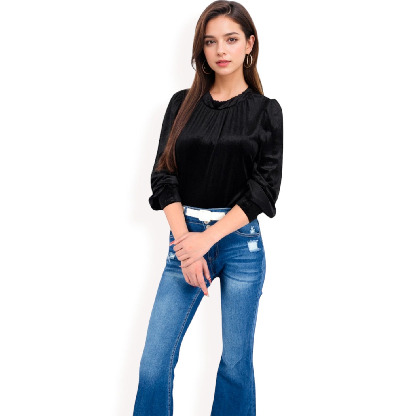 Velvet Long Sleeve Top with Puff Shoulders