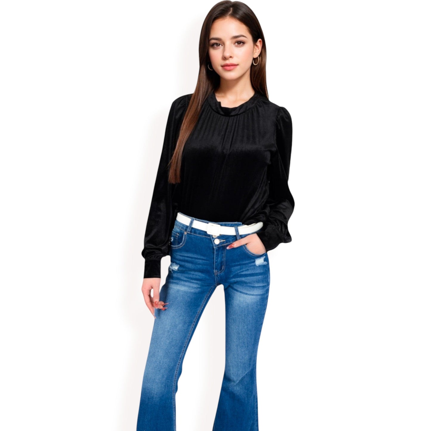 Velvet Long Sleeve Top with Puff Shoulders