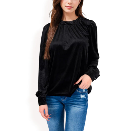 Velvet Long Sleeve Top with Puff Shoulders