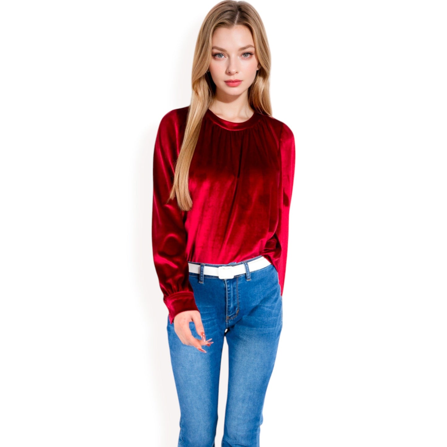Velvet Long Sleeve Top with Puff Shoulders