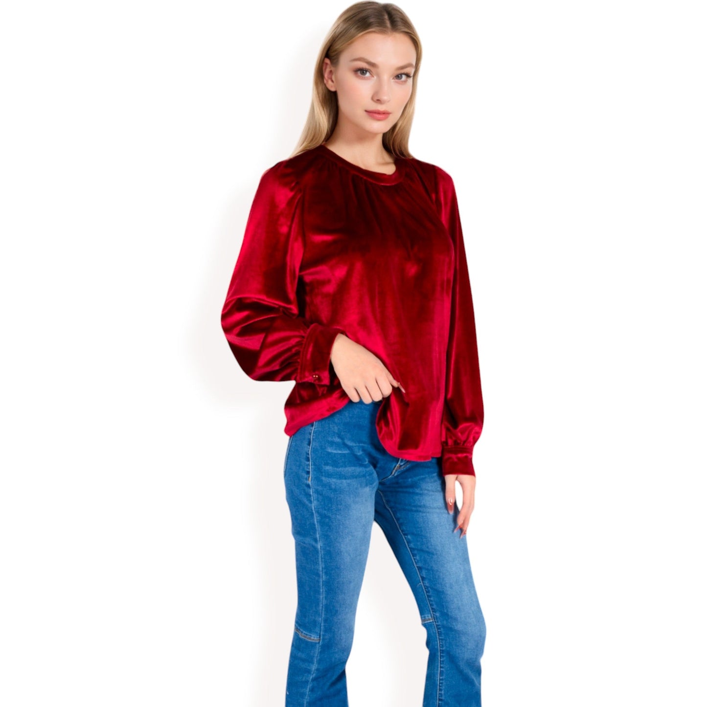 Velvet Long Sleeve Top with Puff Shoulders